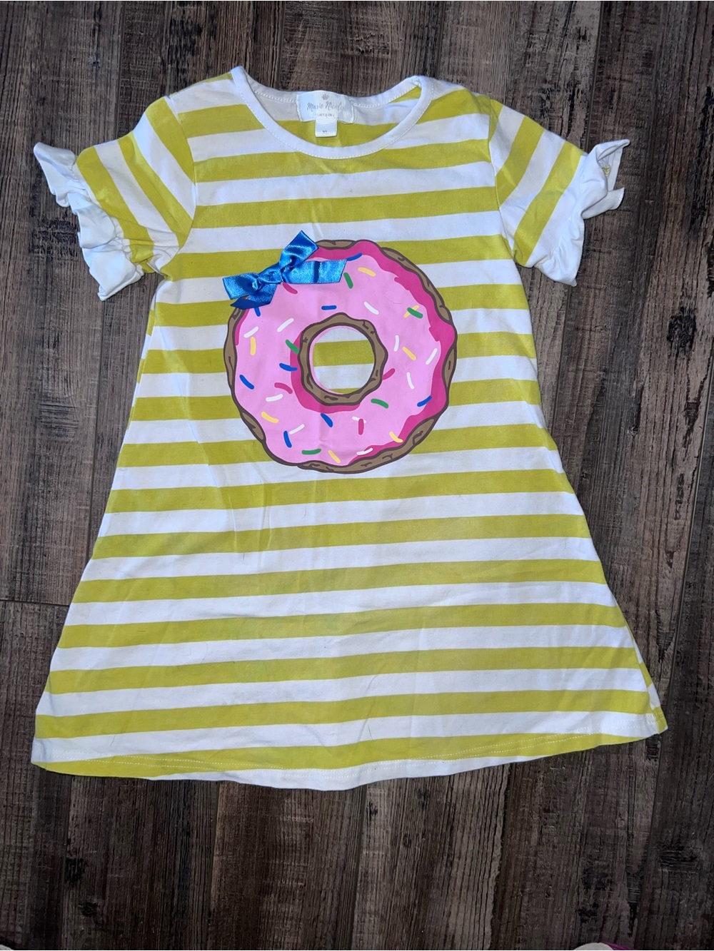 Girls Yellow Striped Donut Graphic Dress with Pink Accent